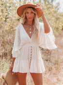 the MINI BOHO - Lace Tunic Sexy Deep V-Neck Button Bikini Cover-Ups Summer Sexy Ruffles Long Sleeves Mini Dresses