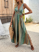 the STRIPED SUMMER - Vacation Style V-Neck Maxi Dress, Polyester Floral and Striped Print, Sleeveless Summer Waist Fitted Long Dress with Cross Hem