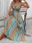 the STRIPED SUMMER - Vacation Style V-Neck Maxi Dress, Polyester Floral and Striped Print, Sleeveless Summer Waist Fitted Long Dress with Cross Hem