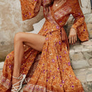 the ORANGE OASIS - Bohemian Floral Print Maxi Dress with Flutter Sleeves and Lace-Up Waist - Long V-Neck Wrap Dress for Women, Perfect for Vacation and Casual Wear, Bohemian Style