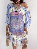 the BEACH BOHO - Women's Bohemian Crochet Fringe Hem Cowl Neck Dress - Lightweight Tie-Dye Pattern, Long Sleeve Casual Summer Dress for Beach Outings & Festivals, Festival Attire | Intricate Craftsmanship