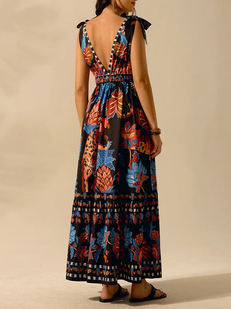 the MIDNIGHT JUNGLE - Fashionable and Elegant Women's Sleeveless Deep V-Neck Casual Vacation Beach Dress Featuring a Bohemian Style with Tropical Leopard, Pineapple and Toucan Prints, Perfect for Summer.