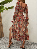 the PAISLEY PARADISE - Paisley Print Square Neck Dress, Elegant Long Sleeve Split Hem Slim Dress For Spring & Fall, Women's Clothing