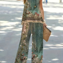 the VINTAGE ELEGANCE - Sleeveless Summer Floral Print Two Piece Set - Women's Casual Vest and Pants Set