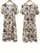 the BROWN PRAIRIE BOHO - Casual V-Neck Short Sleeve Polyester Long Dress, Elegant, All-Over Plants Print, No Pockets Dress for Vacation, Outdoor Wear