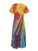 the PATCHWORK SUN BOHO - Women's Vibrant Rainbow Print Maxi Dress - Sleeveless, V-Neck, Flowy Summer Dress for Beach and Vacation, Beach Vacation Attire | Vibrant Print Dress | Flowy Fabric