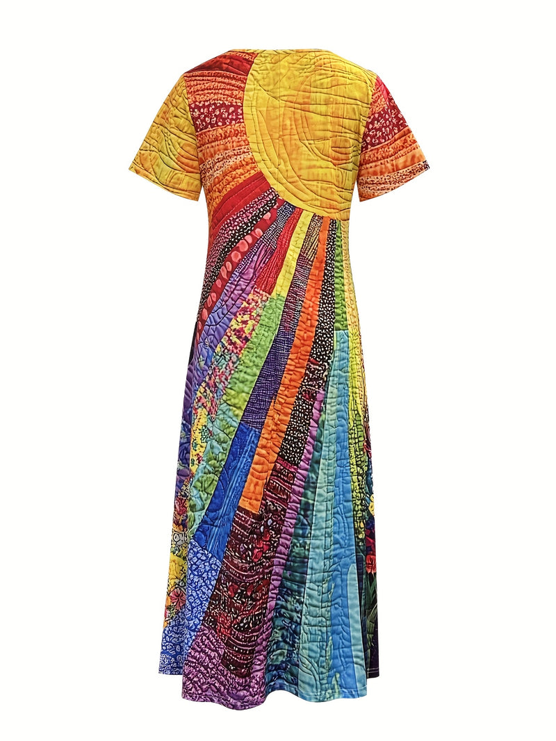 the PATCHWORK SUN BOHO - Women's Vibrant Rainbow Print Maxi Dress - Sleeveless, V-Neck, Flowy Summer Dress for Beach and Vacation, Beach Vacation Attire | Vibrant Print Dress | Flowy Fabric