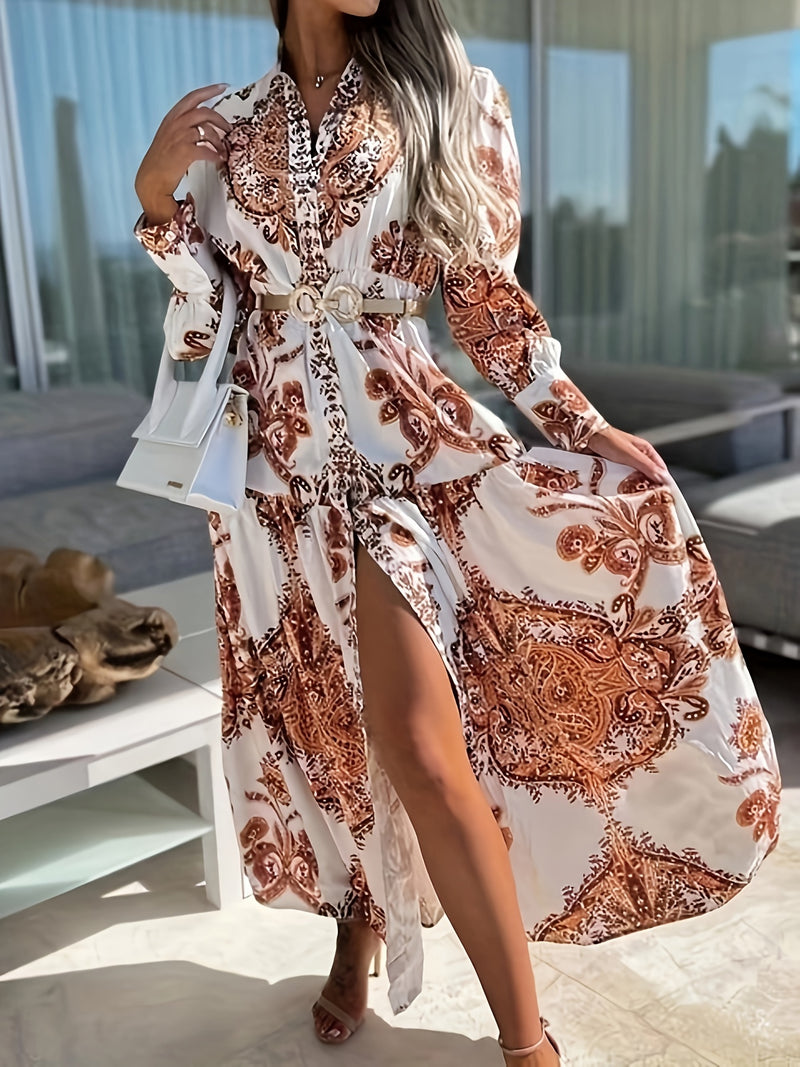 the ELEGANT LADY - Bohemian Style Women's Long Maxi Dress, Polyester V-Neck with Lantern Sleeves, Pop Print Pattern, Fitted Waist, No Belt, for All Seasons