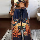the ROYAL BOHO - Floral Print Vacation Pants Set, Tie Backless Crop Halter Top & Wide Leg Knotted Front Pants Outfits, Women's Clothing
