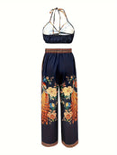 the ROYAL BOHO - Floral Print Vacation Pants Set, Tie Backless Crop Halter Top & Wide Leg Knotted Front Pants Outfits, Women's Clothing