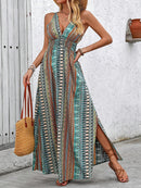 the STRIPED SUMMER - Vacation Style V-Neck Maxi Dress, Polyester Floral and Striped Print, Sleeveless Summer Waist Fitted Long Dress with Cross Hem