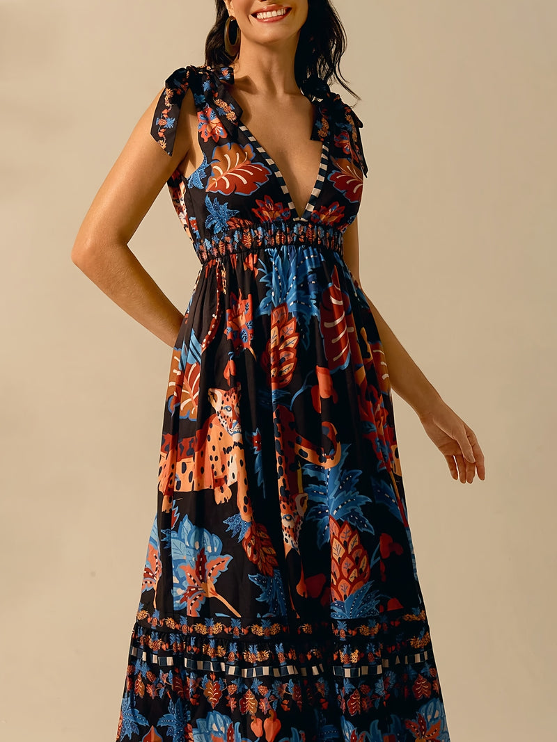 the MIDNIGHT JUNGLE - Fashionable and Elegant Women's Sleeveless Deep V-Neck Casual Vacation Beach Dress Featuring a Bohemian Style with Tropical Leopard, Pineapple and Toucan Prints, Perfect for Summer.
