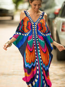 the KAFTAN BOHO - Plus Size Maroon V-Neck Kaftan Dress with Cold Shoulder Batwing Sleeves - Casual & Elegant Beach Cover-Up, Detail, Mid-Length for Women, Beach Dress