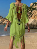 the TASSEL BOHO - Women's Bohemian V-Neck Tassel Dress - Loose-Fitting, Beige Maxi Dress with Fringe Detail, Perfect for Beach and Casual Attire, Beach Coverup | Bohemian Style |Tassel Detail Beach Dress