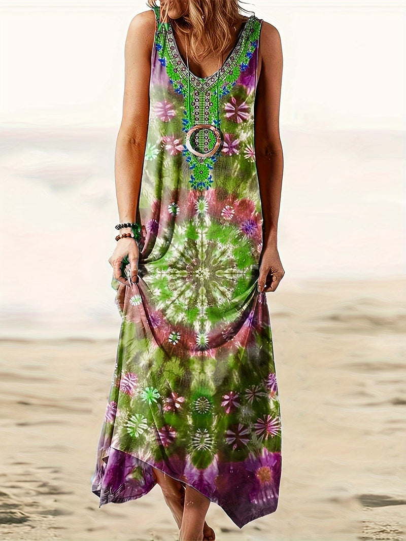 the HAPPY HIPPIE BOHO - Boho Abstract Print Tank Dress, Vintage Sleeveless Dress for Spring & Summer
