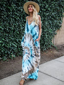 the BAGGY BOHO - Stylish Tie-Dye Knitted Dress with a Relaxed Vacation Vibe, Featuring Thin Straps, V-Neck, Pockets and Loose Long Design for Women's Casual Wear