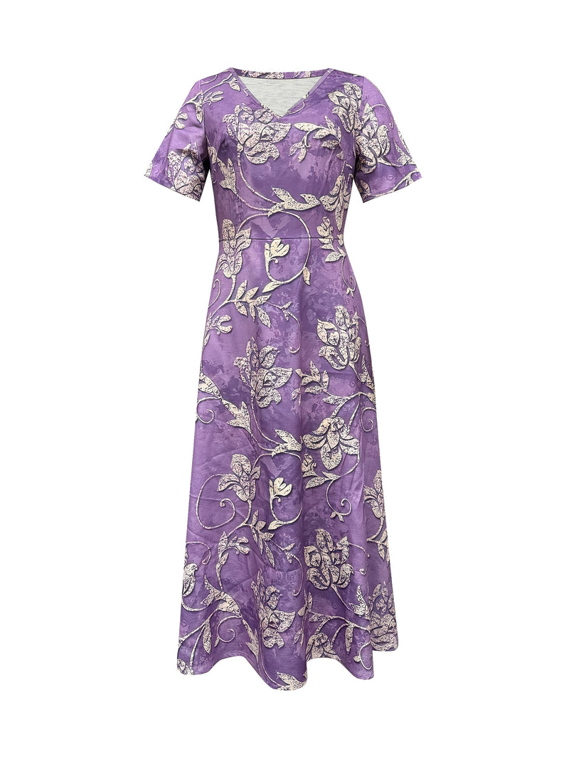 the LAVENDER FIELDS - Bohemian Folk Digital Print Short-Sleeve Linen Dress
