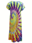 the SUNRAY BOHO - Women's Elegant V-Neck Tie-Dye Maxi Dress - Casual Long Sleeve Abstract Print Summer Beachwear, Flowy & Comfortable, Vibrant Tie-Dye Patterns, Perfect for Spring/Summer, Casual Summer Wear | V-Neck Dress Abstract Print Dress