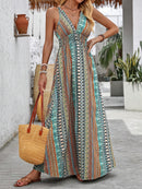 the STRIPED SUMMER - Vacation Style V-Neck Maxi Dress, Polyester Floral and Striped Print, Sleeveless Summer Waist Fitted Long Dress with Cross Hem