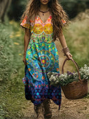 the RAINBOW GEOMETRIC BOHO - Women's Vibrant Floral Print V-Neck Maxi Dress - Short Sleeve, Loose Fit, Perfect for Spring/Summer Vacations, Lightweight Polyester Blend, Casual Style