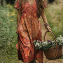 the BURNT OFFERING BOHO - Women's Bohemian Floral Print V-Neck Maxi Dress - Lightweight Polyester-Spandex Blend, Short Sleeve A-Line Dress with Relaxed Fit & Machine Washable for Vacation, Casual Outings, Beach Trips, Beach Dresses