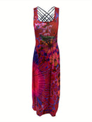 the GROOVY BOHO - Women Summer Casual Long Dress Tie-Dye Print U-Neck Sleeveless Dress Fashion Cross Backless Dress