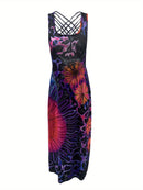 the GROOVY BOHO - Women Summer Casual Long Dress Tie-Dye Print U-Neck Sleeveless Dress Fashion Cross Backless Dress