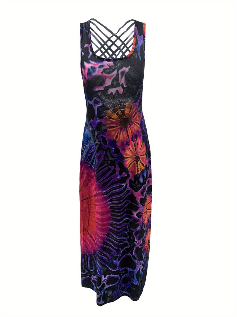 the GROOVY BOHO - Women Summer Casual Long Dress Tie-Dye Print U-Neck Sleeveless Dress Fashion Cross Backless Dress