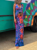 the GROOVY BOHO - Women Summer Casual Long Dress Tie-Dye Print U-Neck Sleeveless Dress Fashion Cross Backless Dress