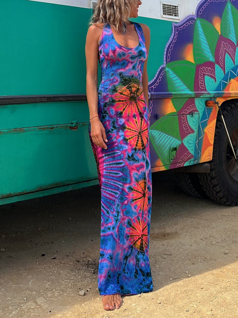 the GROOVY BOHO - Women Summer Casual Long Dress Tie-Dye Print U-Neck Sleeveless Dress Fashion Cross Backless Dress