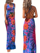 the GROOVY BOHO - Women Summer Casual Long Dress Tie-Dye Print U-Neck Sleeveless Dress Fashion Cross Backless Dress