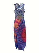 the GROOVY BOHO - Women Summer Casual Long Dress Tie-Dye Print U-Neck Sleeveless Dress Fashion Cross Backless Dress