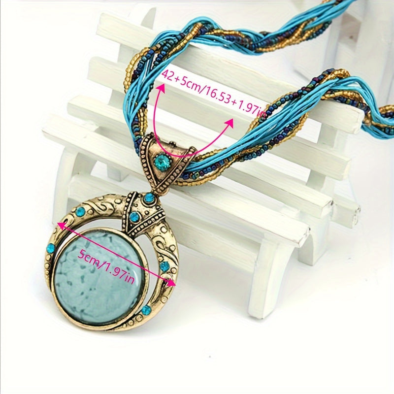 the NATURE WITCH - 2pcs Women's Bohemian Style Necklace Hand-Woven Rice Bead Necklace, Bohemian Style, Round Jewel Pendant Retro Style, Green Beaded, Casual Clothing And Gift Accessories, Gift Accessories | Bohemian Style | Alloy Jewel Pendant