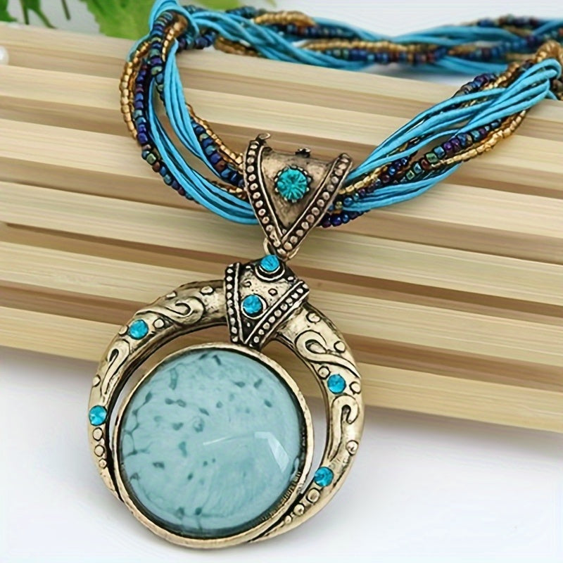 the NATURE WITCH - 2pcs Women's Bohemian Style Necklace Hand-Woven Rice Bead Necklace, Bohemian Style, Round Jewel Pendant Retro Style, Green Beaded, Casual Clothing And Gift Accessories, Gift Accessories | Bohemian Style | Alloy Jewel Pendant