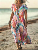 the TO DYE FOR BOHO - Vibrant Tie-Dye V-Neck Maxi Dress for Women - Casual Short Sleeve Summer Dress in Flowing A-Line Cut, Lightweight Polyester Blend, Perfect for Beach or Casual Attire, Beach Dress
