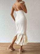 the FRINGE BOHO - Women's Fringe Hem Spaghetti Strap Dress Maxi Vacation Beach Outfit