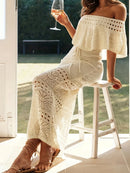 the CROTCHED BOHO - Women's Bohemian Off-Shoulder Strapless Knit Dress - Lightweight 100% Polyester Long Flowy Maxi with Adjustable Waist Tie & Geometric Lace Cut-Outs, Semi-Sheer Boho Chic Resort Dress for Spring/Summer Vacation, Vacation Attire