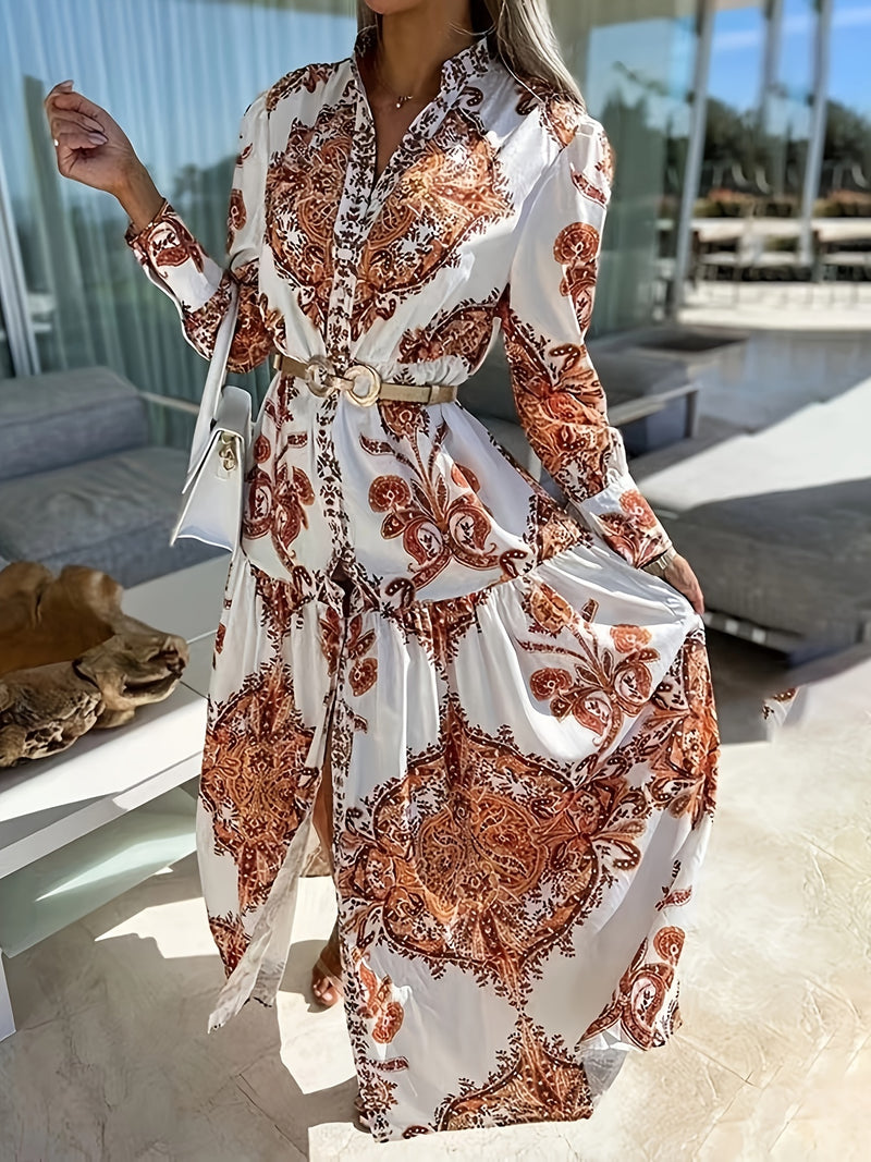 the ELEGANT LADY - Bohemian Style Women's Long Maxi Dress, Polyester V-Neck with Lantern Sleeves, Pop Print Pattern, Fitted Waist, No Belt, for All Seasons