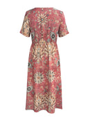 the FADED BOHO - Women's Bohemian Floral Print V-Neck Maxi Dress - Short Sleeve, Casual & Elegant for Vacation or Outing, Pink with Yellow & Blue Accents, Polyester Blend, Lightweight & Flowy Design