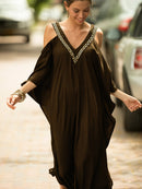 the KAFTAN BOHO - Plus Size Maroon V-Neck Kaftan Dress with Cold Shoulder Batwing Sleeves - Casual & Elegant Beach Cover-Up, Detail, Mid-Length for Women, Beach Dress