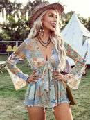 the PATCHWORK BOHO BLOUSE - Floral Print Tie Front Blouse, Elegant Flare Sleeve Lettuce Trim Plunging Neck Blouse for Summer & Spring, Women's Clothing