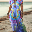 the BLUE AURA BOHO - Vibrant Tie-Dye Print V-Neck Maxi Dress for Women - Casual Short Sleeve Summer Beach Dress in Blues, Purples & Yellows, Autumn Attire | V-Neck Flowy Dress | Stretchable Fabric, Beach Clothes