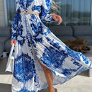 the ELEGANT LADY - Bohemian Style Women's Long Maxi Dress, Polyester V-Neck with Lantern Sleeves, Pop Print Pattern, Fitted Waist, No Belt, for All Seasons