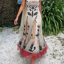 the TRIBAL TRIBUTE - Tribal Print Spaghetti Strap Dress, Boho Sleeveless Ruffle Hem A-Line Cami Dress For Spring & Summer, Women's Clothing