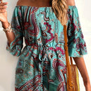 the PAISLEY ROMPER - Paisley Print Off Shoulder Romper Jumpsuit, Vacation Bell Sleeve Cinched Waist Romper Jumpsuit, Women's Clothing