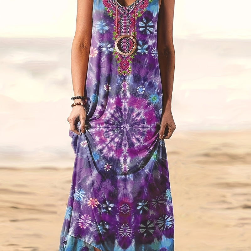 the HAPPY HIPPIE BOHO - Boho Abstract Print Tank Dress, Vintage Sleeveless Dress for Spring & Summer