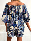 the PAISLEY ROMPER - Paisley Print Off Shoulder Romper Jumpsuit, Vacation Bell Sleeve Cinched Waist Romper Jumpsuit, Women's Clothing