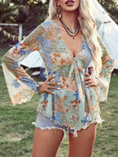 the PATCHWORK BOHO BLOUSE - Floral Print Tie Front Blouse, Elegant Flare Sleeve Lettuce Trim Plunging Neck Blouse for Summer & Spring, Women's Clothing