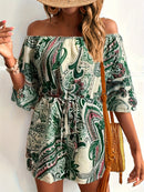 the PAISLEY ROMPER - Paisley Print Off Shoulder Romper Jumpsuit, Vacation Bell Sleeve Cinched Waist Romper Jumpsuit, Women's Clothing