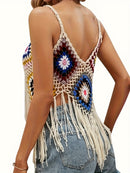 the KNITTED BOHO - Bohemian Women's Strapless Hollow Beach Cover-up with Hook and Loop Tassels, Women's Sun Protection Shirt